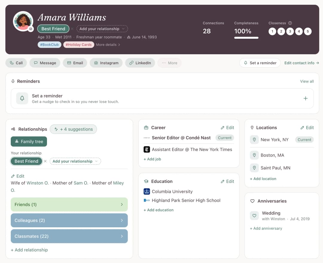 A YourPond contact profile holding the small details: a friend's dietary preferences, their dog's name, notes, and birthday, all kept in one place