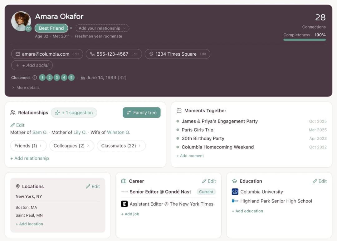 A YourPond contact profile holding the small details — a friend's dietary preferences, their dog's name, notes, and birthday, all kept in one place