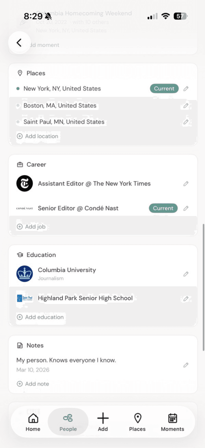 A contact's career history showing roles at The New York Times and Condé Nast