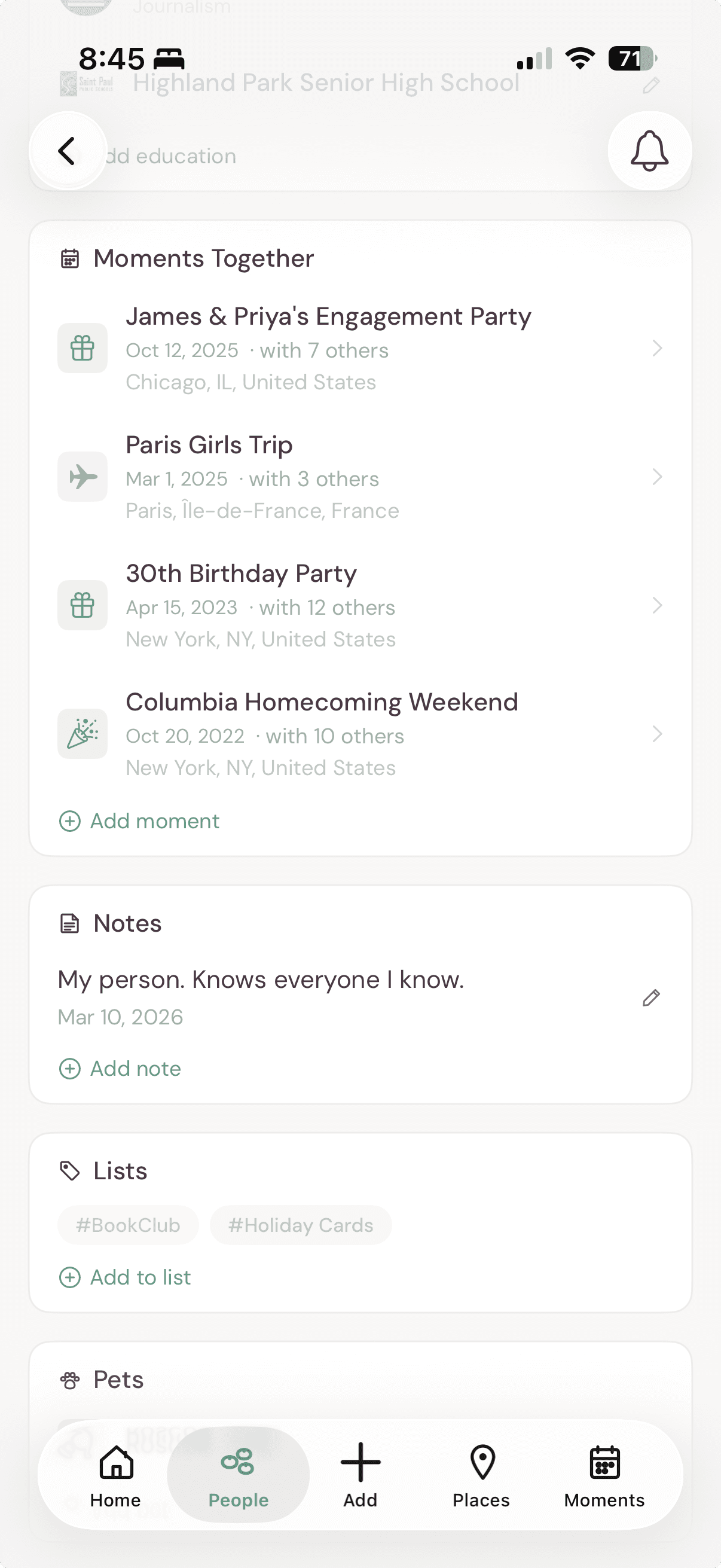 Your moments calendar showing upcoming birthdays and events