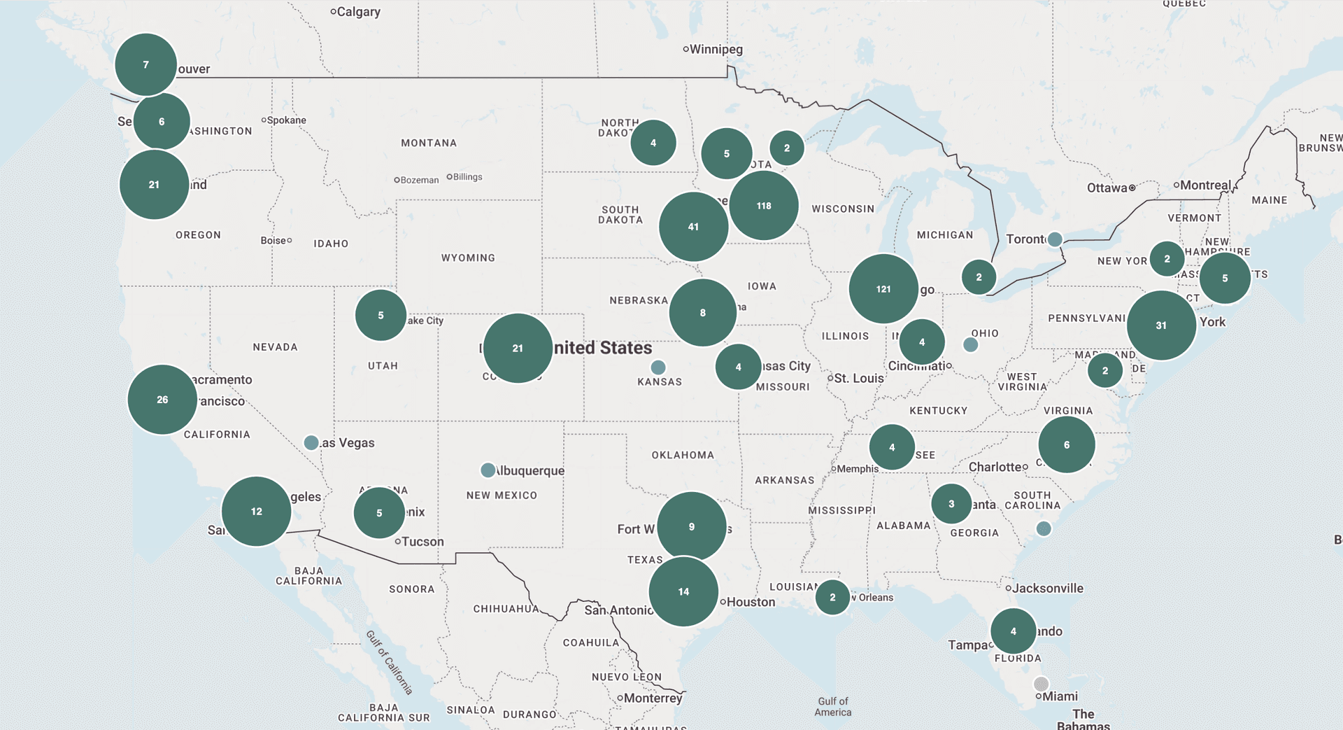 A map of where the people in your life live — green location pins clustered over cities like Denver and New York, so you can see who's nearby before a trip