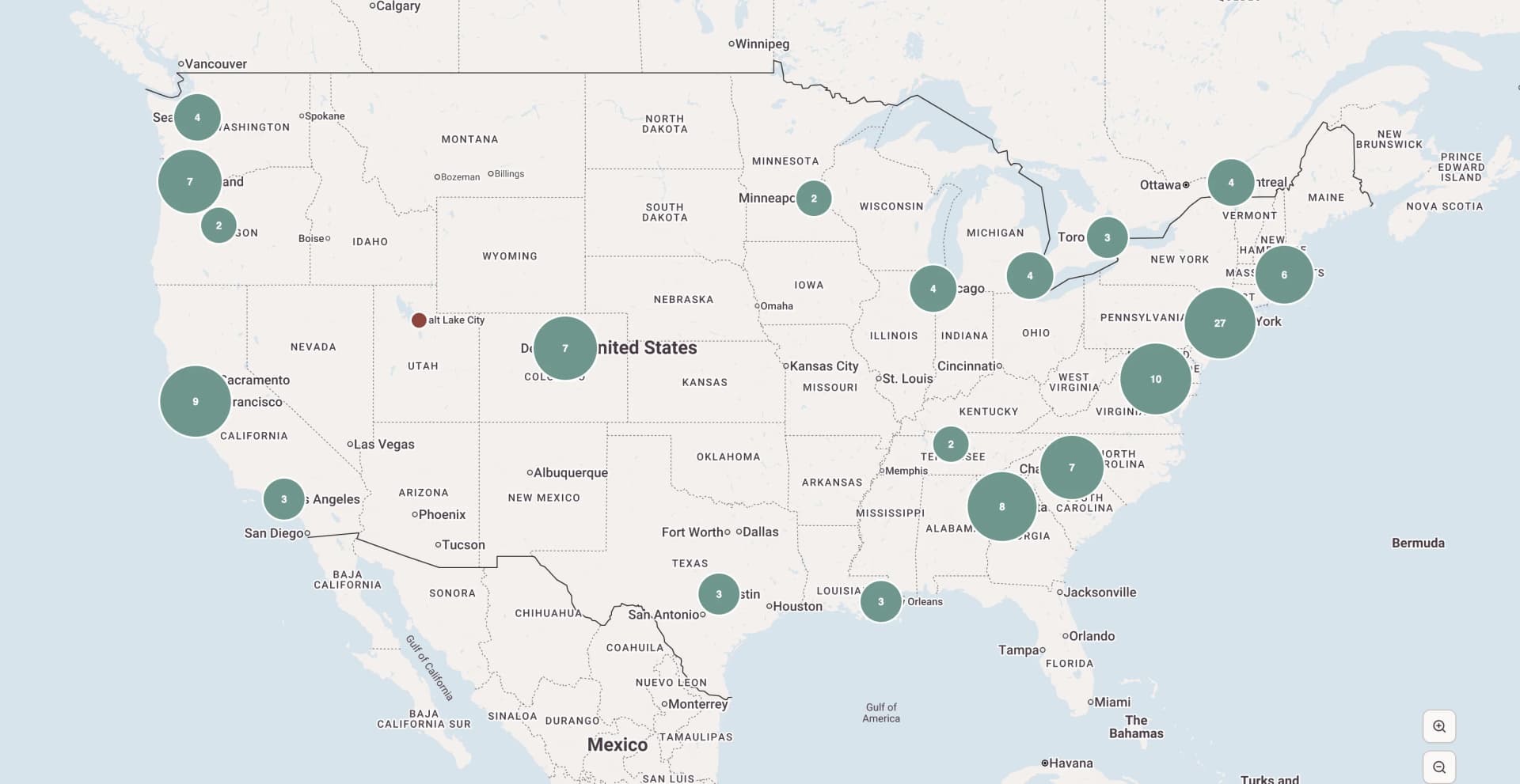 A map of where the people in your life live — green location pins clustered over cities like Denver and New York, so you can see who's nearby before a trip